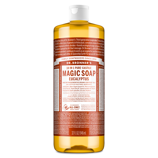 Dr. Bronners 18 in 1 Pure Castile Magic Soap in a 32 fl oz bottle features eucalyptus, offering versatile cleaning and refreshing scents. Text highlights its organic certification, eco friendliness, and multi purpose use [32 oz]
