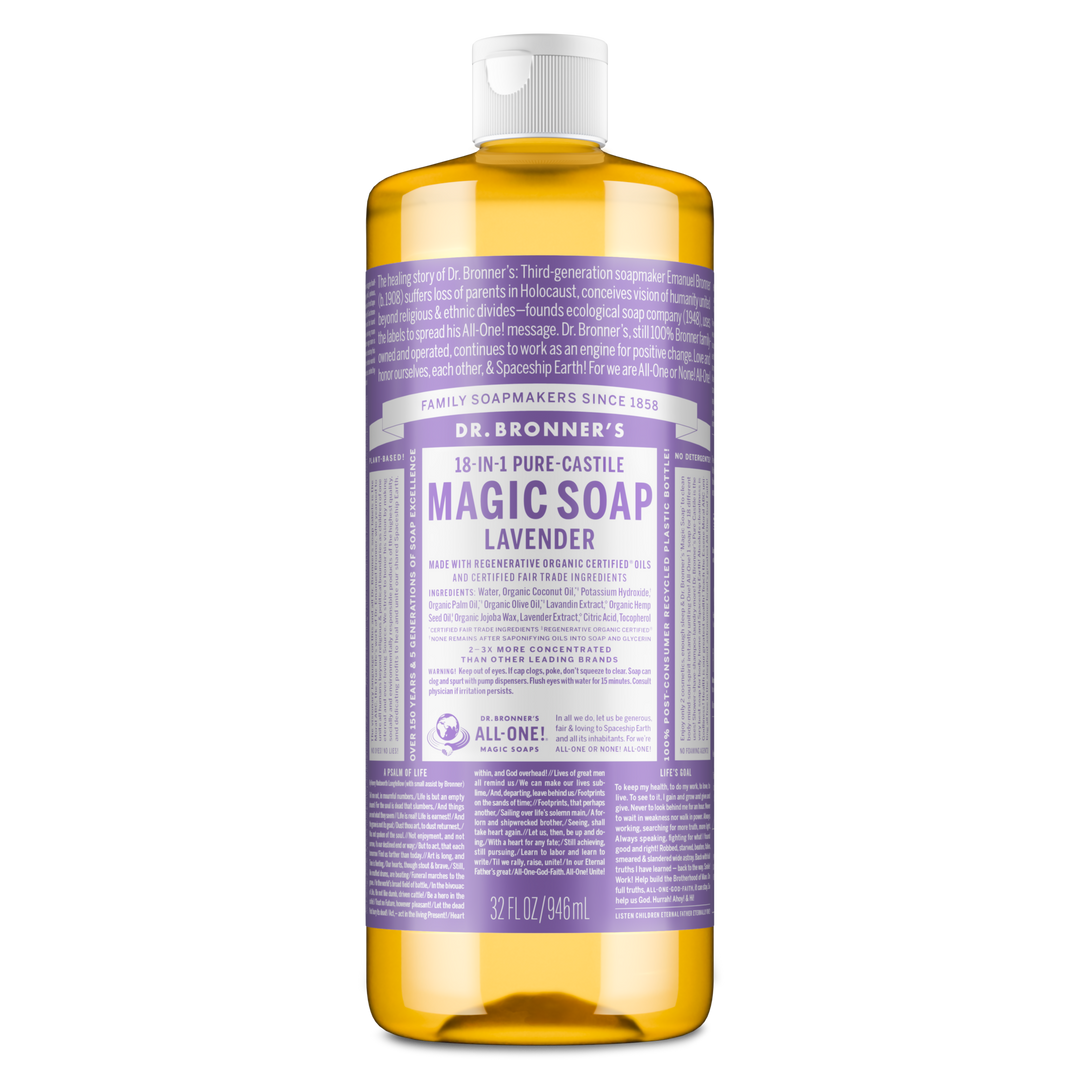 A 32 fl oz bottle of Dr. Bronners 18 in 1 Pure Castile Magic Soap Lavender, featuring a lavender label detailing its organic, fair trade ingredients and versatile use. Ideal for eco friendly cleaning and skincare [32 oz]