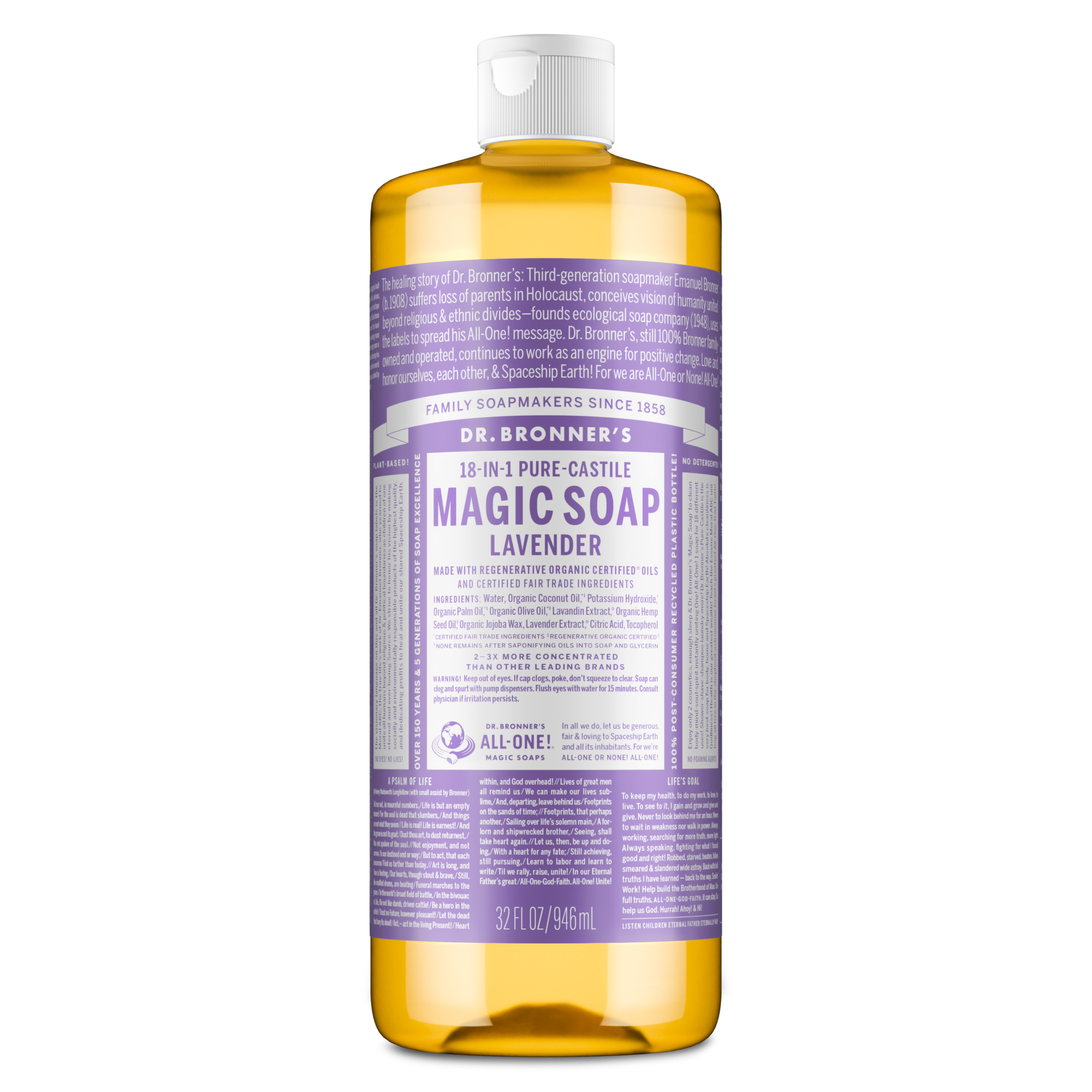A 32 fl oz bottle of Dr. Bronners 18 in 1 Pure Castile Magic Soap Lavender, featuring a lavender label detailing its organic, fair trade ingredients and versatile use. Ideal for eco friendly cleaning and skincare [32 oz]