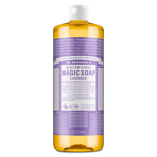 A 32 fl oz bottle of Dr. Bronners 18 in 1 Pure Castile Magic Soap Lavender, featuring a lavender label detailing its organic, fair trade ingredients and versatile use. Ideal for eco friendly cleaning and skincare [32 oz]