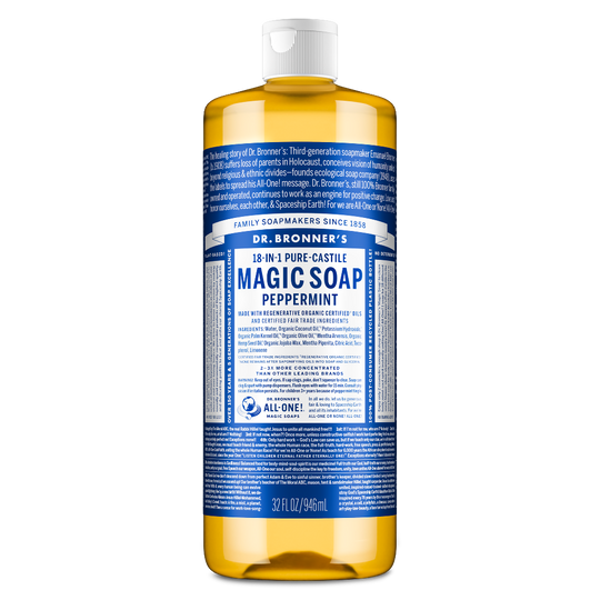 Bottle upright, displaying Dr. Bronners Pure Castile Liquid Soap label with text detailing multi use, organic ingredients, and eco friendly focus in blue. Popular for Dr. Bronners sustainability ethos and vegan formulation [32 oz]