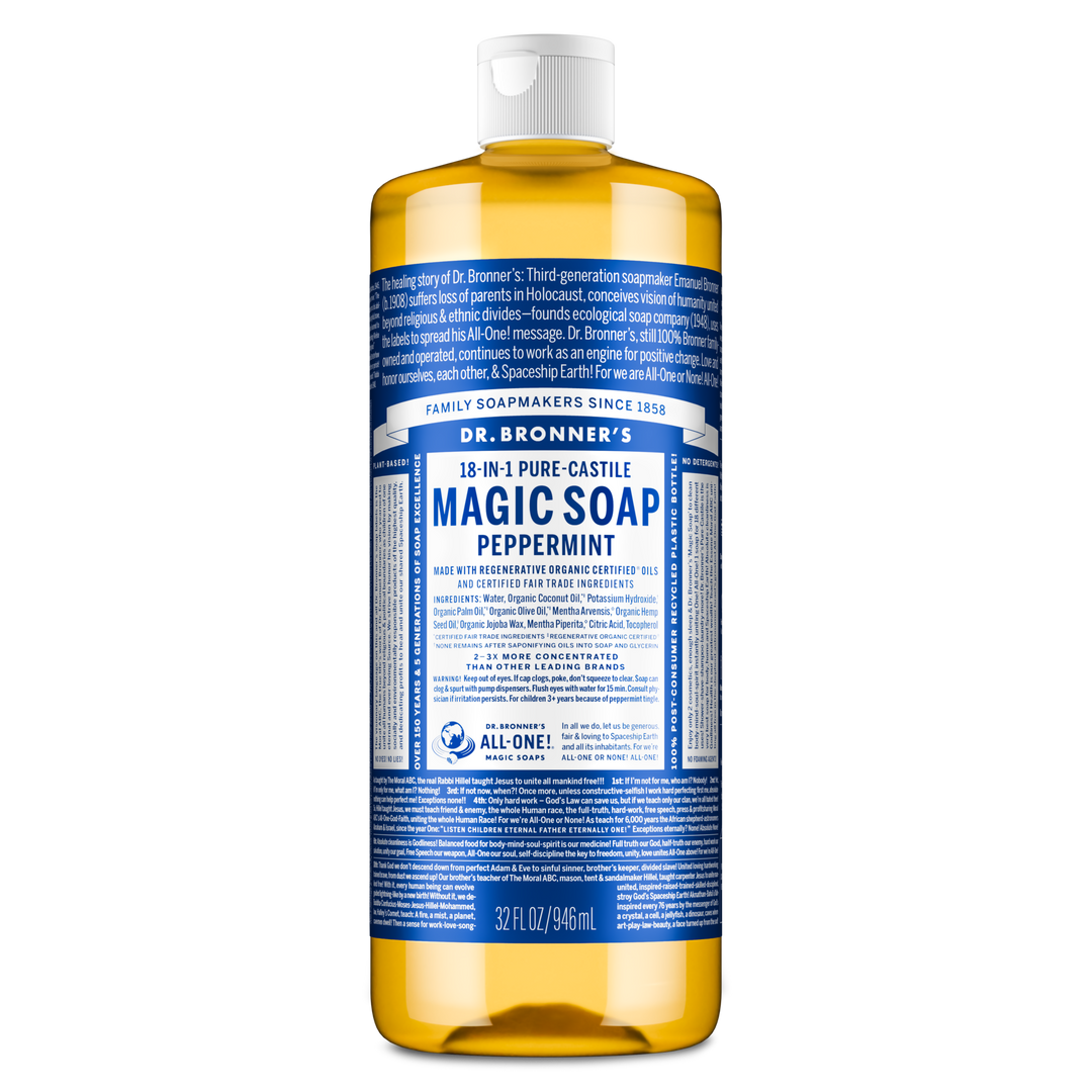 Bottle upright, displaying Dr. Bronners Pure Castile Liquid Soap label with text detailing multi use, organic ingredients, and eco friendly focus in blue. Popular for Dr. Bronners sustainability ethos and vegan formulation [32 oz]