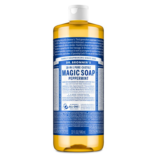 Bottle upright, displaying Dr. Bronners Pure Castile Liquid Soap label with text detailing multi use, organic ingredients, and eco friendly focus in blue. Popular for Dr. Bronners sustainability ethos and vegan formulation [32 oz]