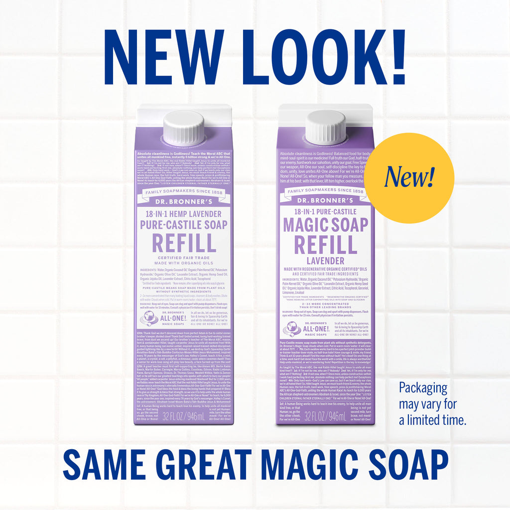 Two lavender Dr. Bronners castile soap refill cartons stand against a white tiled background. Text reads NEW LOOK SAME GREAT MAGIC SOAP. A yellow circle states New and fine print notes, Packaging may vary for a limited time [32 oz]