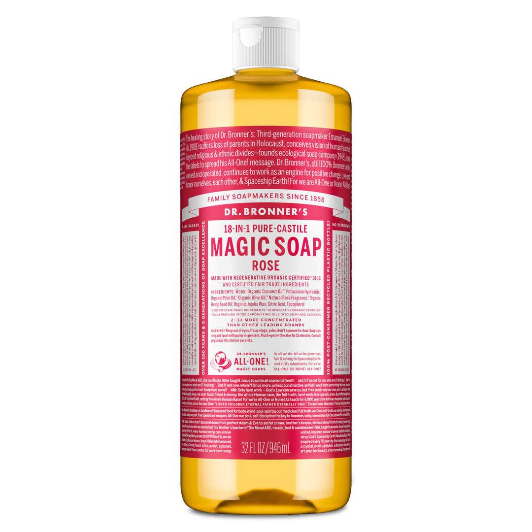 A bottle of Dr. Bronners Rose Pure Castile Liquid Soap features a red label with text detailing the 18 in 1 uses, organic ingredients, and benefits of eco friendly, biodegradable cleaning [32 oz]