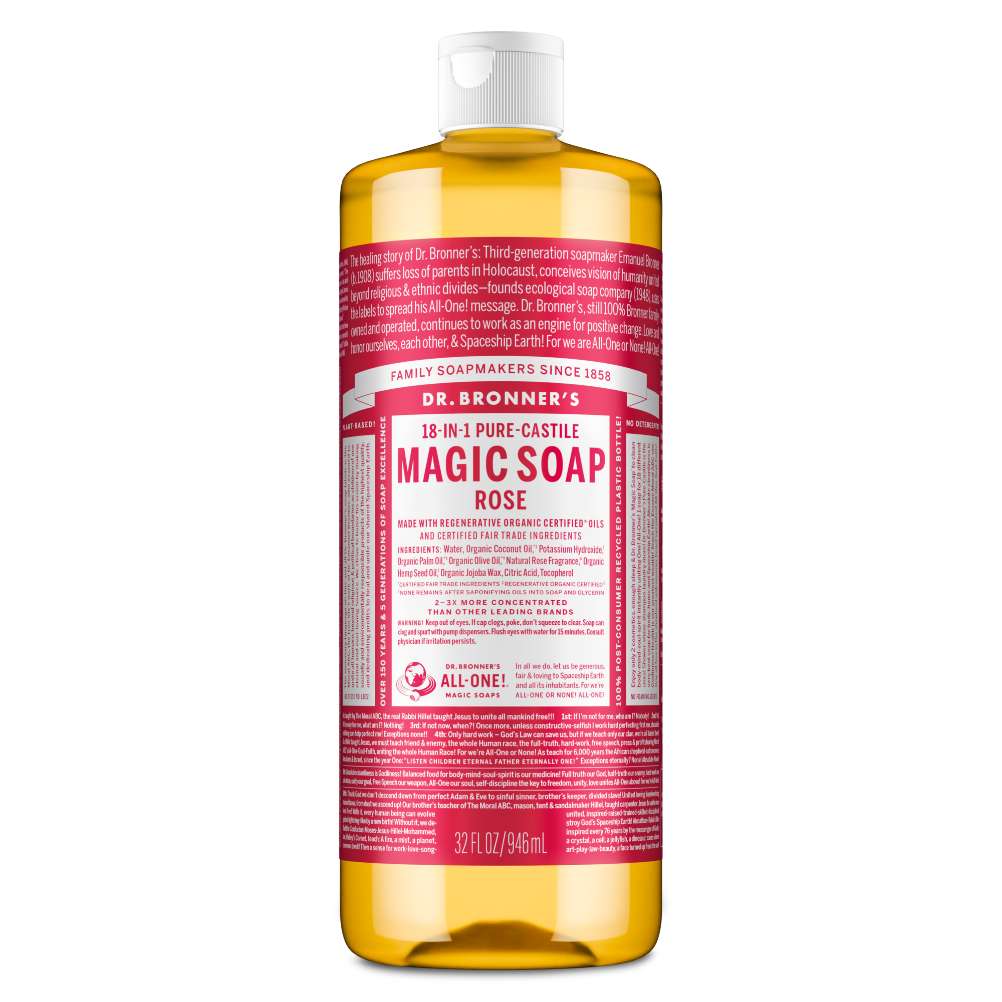 A bottle of Dr. Bronners Rose Pure Castile Liquid Soap features a red label with text detailing the 18 in 1 uses, organic ingredients, and benefits of eco friendly, biodegradable cleaning [32 oz]