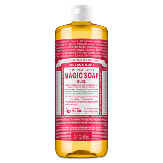 A bottle of Dr. Bronners Rose Pure Castile Liquid Soap features a red label with text detailing the 18 in 1 uses, organic ingredients, and benefits of eco friendly, biodegradable cleaning [32 oz]