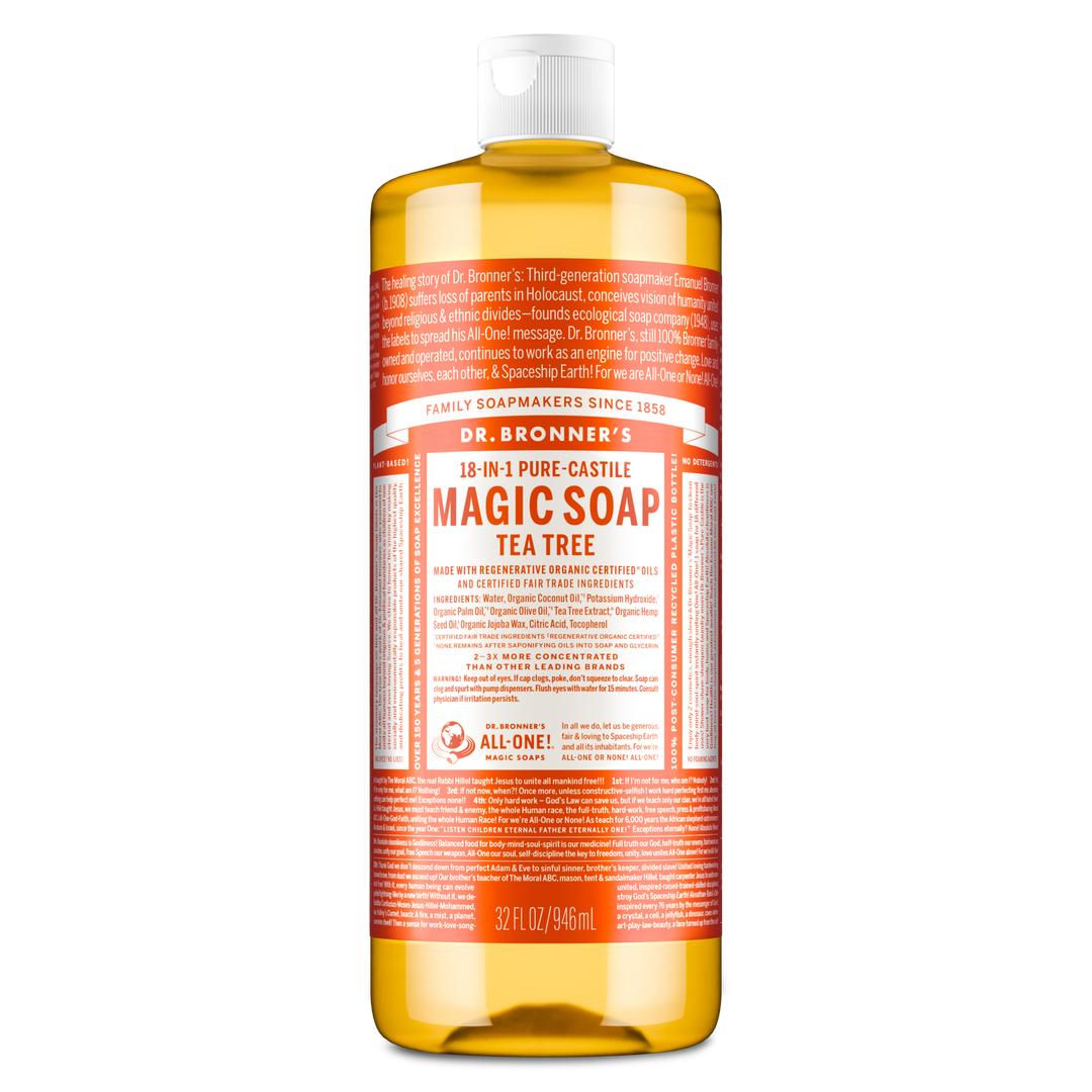 Bottle of Dr. Bronners Tea Tree Pure Castile Liquid Soap labeled in red. Text includes Dr. Bronners Magic Soap, Tea Tree, 18 in 1 Hemp, and instructions. Contains organic and fair trade ingredients suitable for eco friendly cleaning uses [32 oz]
