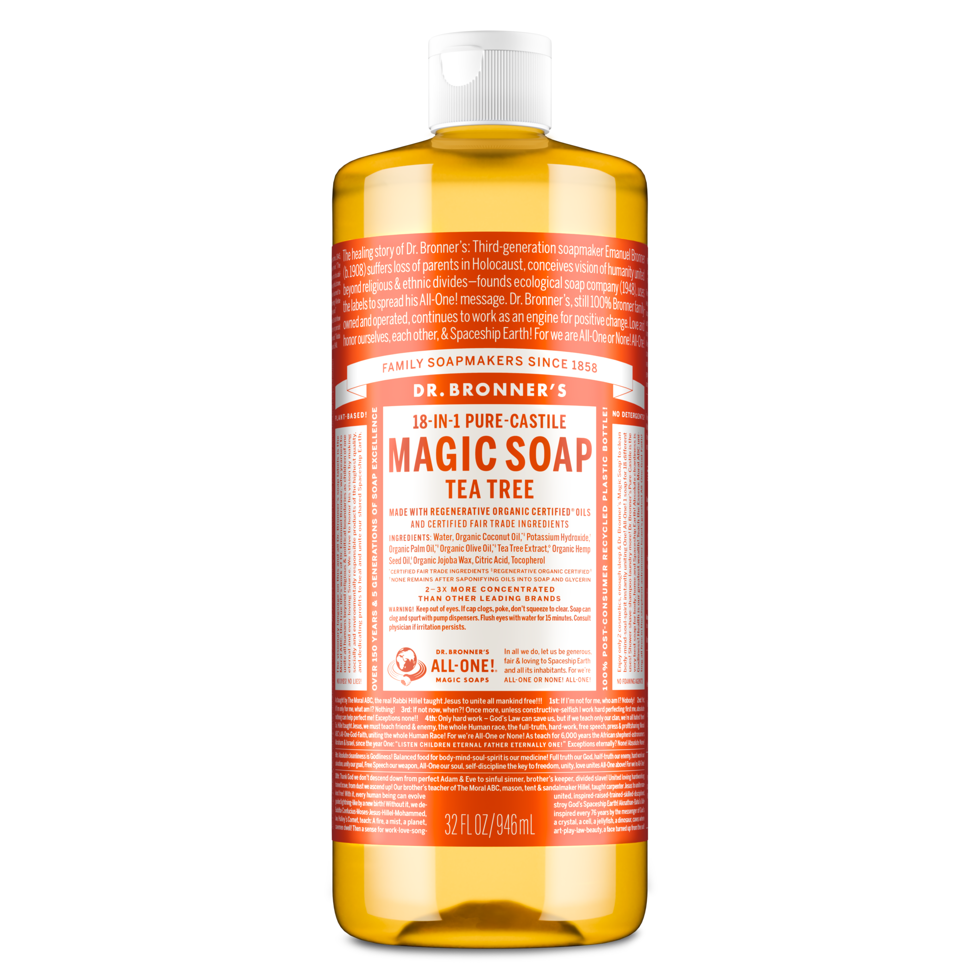 Bottle of Dr. Bronners Tea Tree Pure Castile Liquid Soap labeled in red. Text includes Dr. Bronners Magic Soap, Tea Tree, 18 in 1 Hemp, and instructions. Contains organic and fair trade ingredients suitable for eco friendly cleaning uses [32 oz]