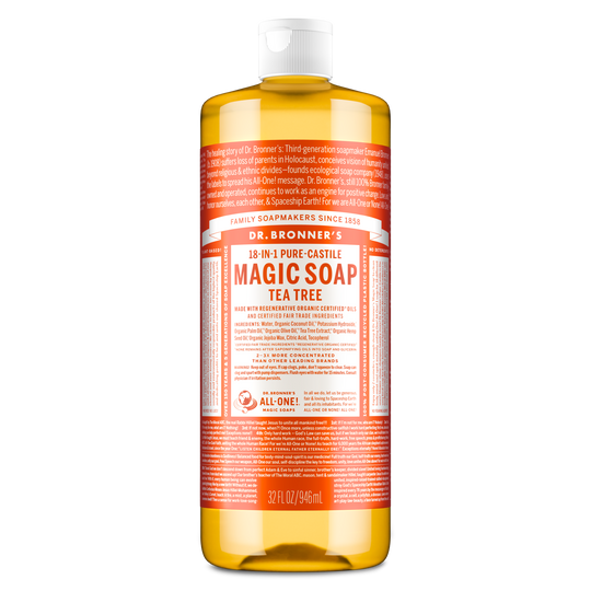 Bottle of Dr. Bronners Tea Tree Pure Castile Liquid Soap labeled in red. Text includes Dr. Bronners Magic Soap, Tea Tree, 18 in 1 Hemp, and instructions. Contains organic and fair trade ingredients suitable for eco friendly cleaning uses [32 oz]