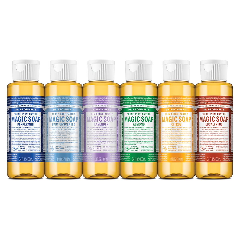 Set of Dr. Bronner's Magic Soaps in various scents on a white background