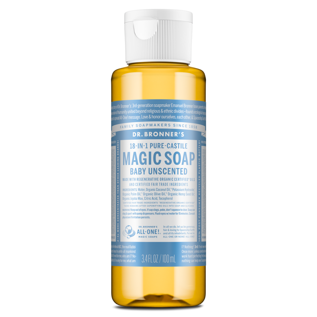 A bottle of Dr. Bronners 18 in 1 Pure Castile Magic Soap, Baby Unscented, with regenerative organic certification. Text includes usage instructions and a 3.4 fl. oz. capacity indication [3.4 oz]