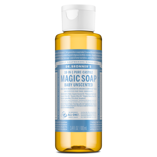 A bottle of Dr. Bronners 18 in 1 Pure Castile Magic Soap, Baby Unscented, with regenerative organic certification. Text includes usage instructions and a 3.4 fl. oz. capacity indication [3.4 oz]