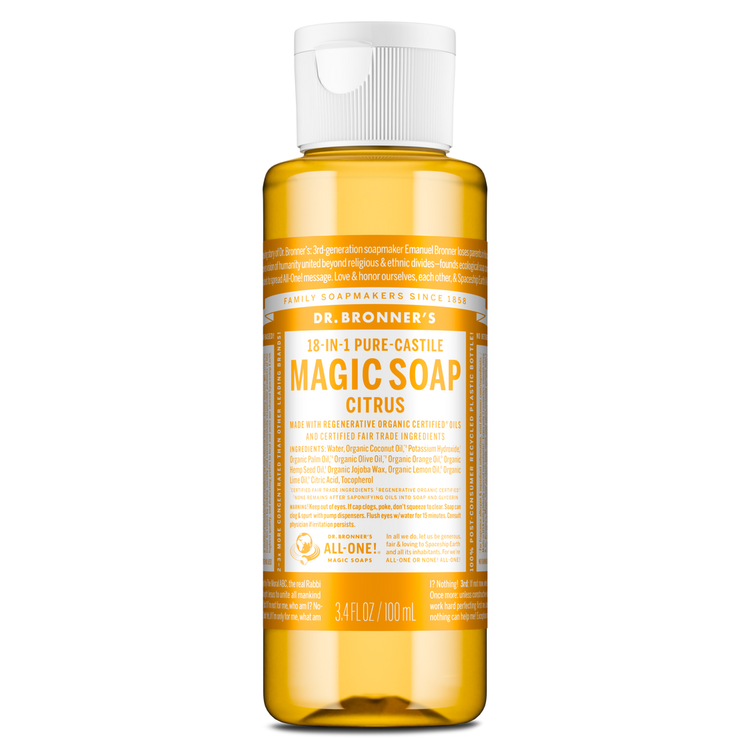 Bottle of Dr. Bronners 18 in 1 Pure Castile Magic Soap in citrus scent sits upright. The label highlights its organic, fair trade, and multi use capabilities. Size 3.4 fl oz 100 ml [3.4 oz]