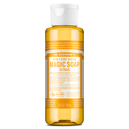 Bottle of Dr. Bronners 18 in 1 Pure Castile Magic Soap in citrus scent sits upright. The label highlights its organic, fair trade, and multi use capabilities. Size 3.4 fl oz 100 ml [3.4 oz]