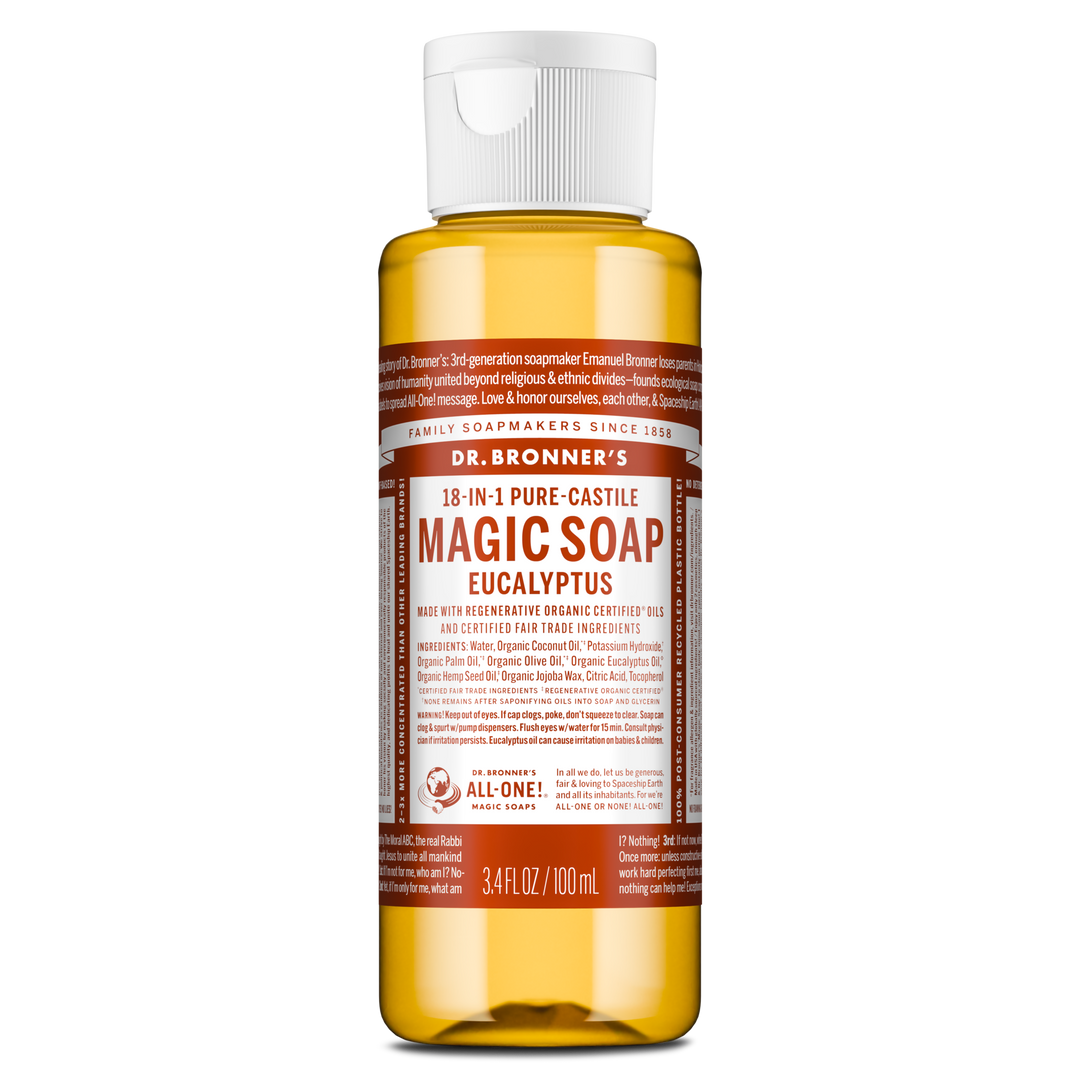 Dr. Bronners eucalyptus 18 in 1 pure castile soap in a 3.4 fl oz bottle features a white cap and a text filled brown label detailing its organic certification and multi use capabilities [3.4 oz]