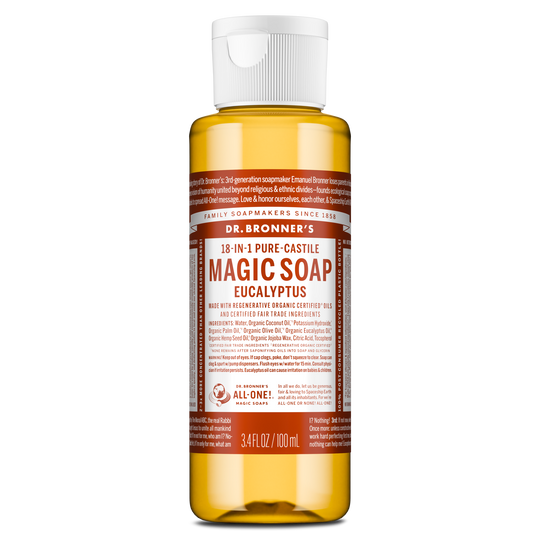 Dr. Bronners eucalyptus 18 in 1 pure castile soap in a 3.4 fl oz bottle features a white cap and a text filled brown label detailing its organic certification and multi use capabilities [3.4 oz]