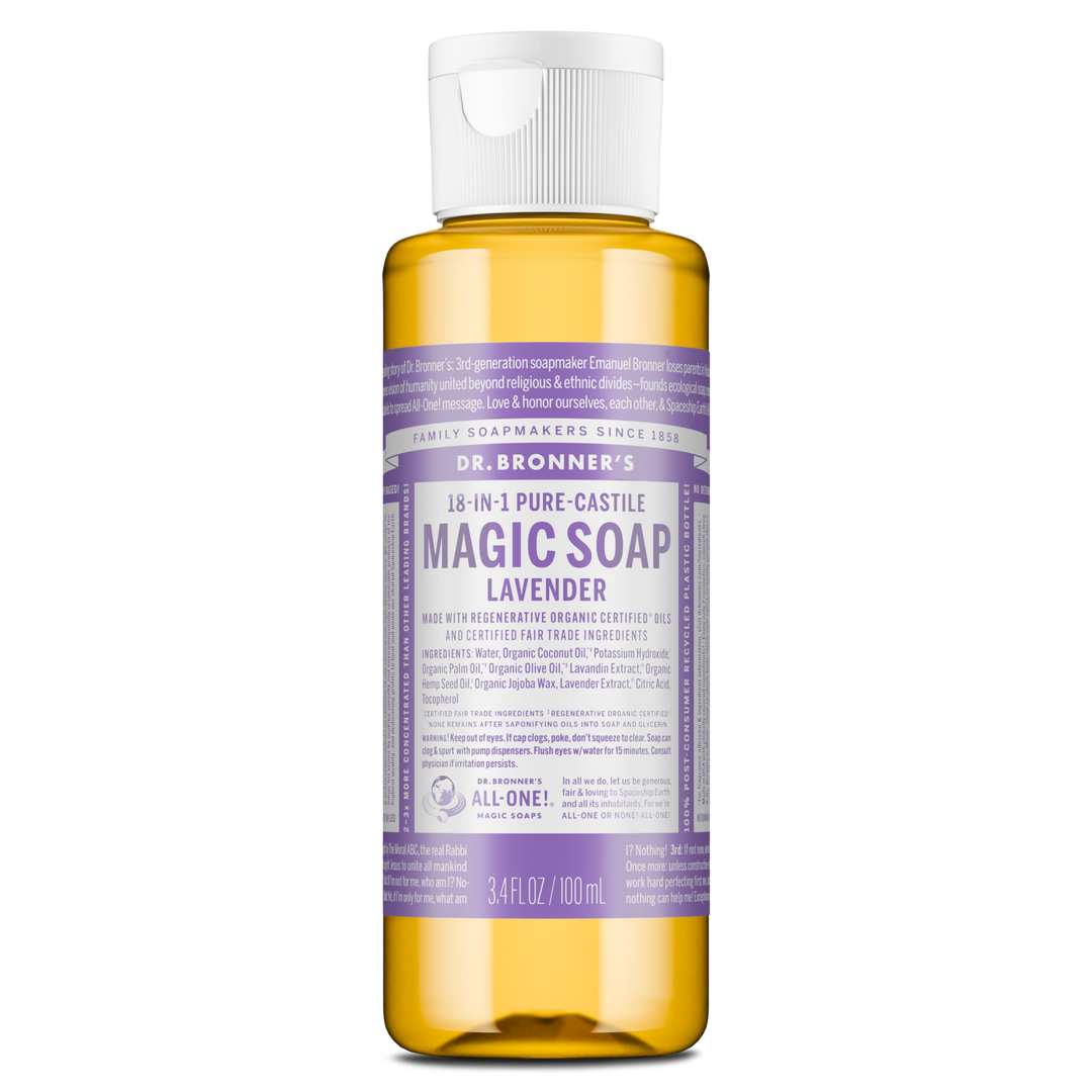 A bottle of Dr. Bronners Lavender Pure Castile Liquid Soap stands upright, featuring a lavender label with white text detailing ingredients and usage. Suitable for eco friendly, multi purpose cleaning needs [3.4 oz]