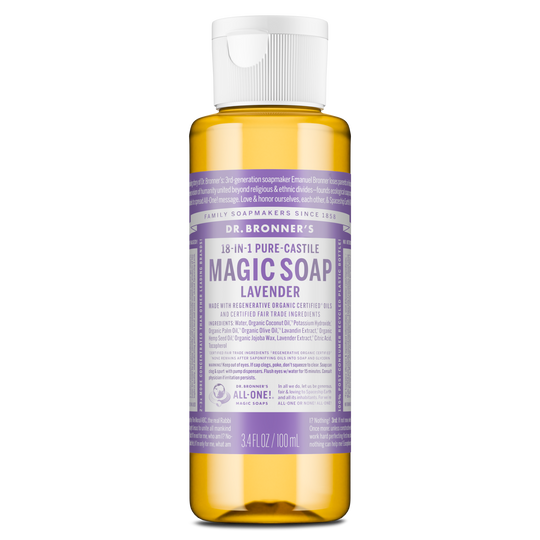 A bottle of Dr. Bronners Lavender Pure Castile Liquid Soap stands upright, featuring a lavender label with white text detailing ingredients and usage. Suitable for eco friendly, multi purpose cleaning needs [3.4 oz]