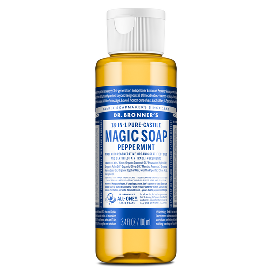 A 3.4 fl oz bottle of Dr. Bronners 18 in 1 Pure Castile Magic Soap Peppermint features a blue label with white text detailing its regenerative organic certified oils and fair trade ingredients [3.4 oz]