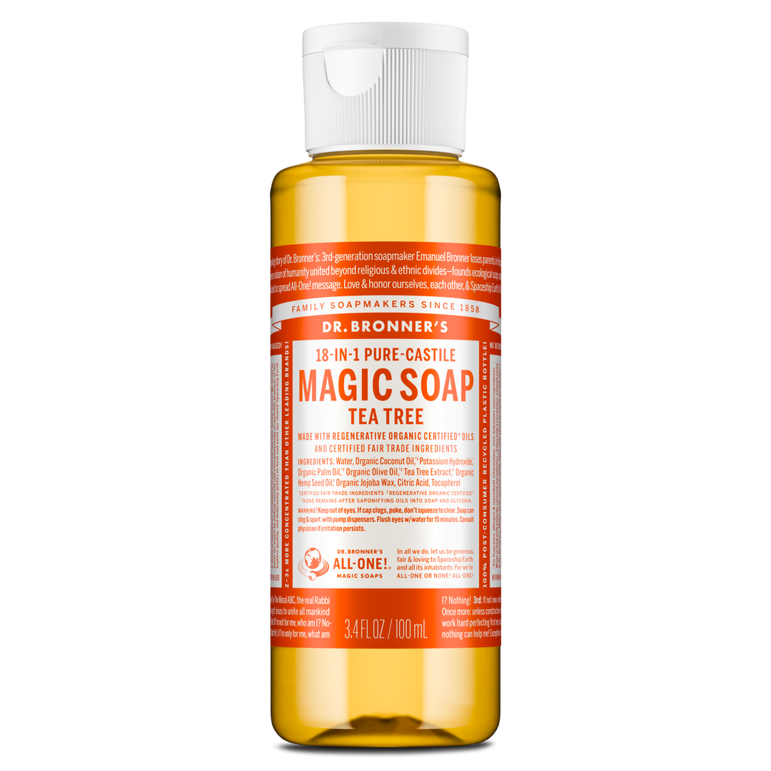 A compact 3.4 fl oz bottle of Dr. Bronners 18 in 1 Pure Castile Magic Soap features a white cap and vibrant orange label, highlighting Tea Tree scent with details about its organic certification [3.4 oz]
