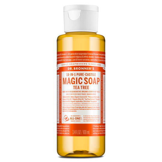 A compact 3.4 fl oz bottle of Dr. Bronners 18 in 1 Pure Castile Magic Soap features a white cap and vibrant orange label, highlighting Tea Tree scent with details about its organic certification [3.4 oz]