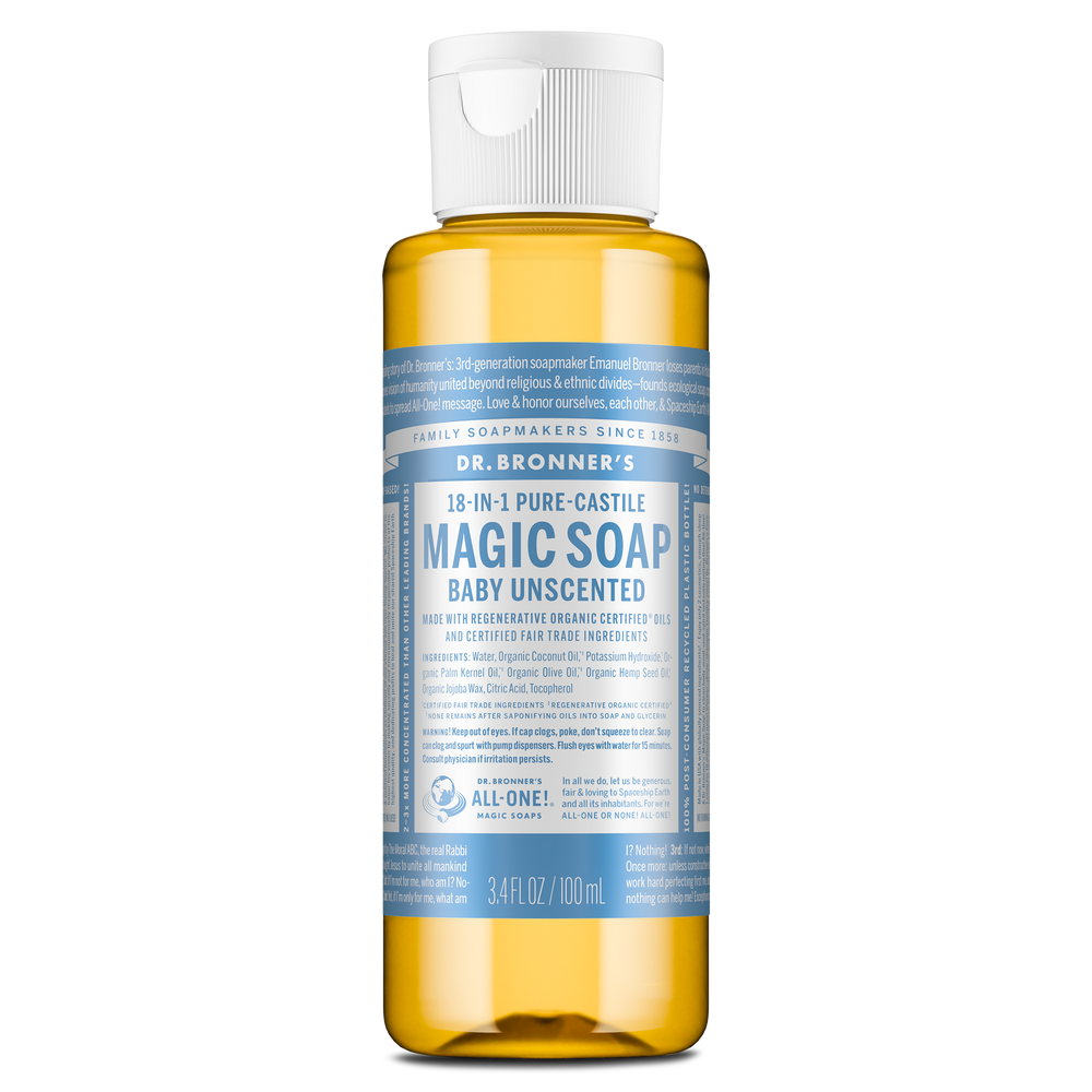 A bottle of Dr. Bronners 18 in 1 Pure Castile Magic Soap, Baby Unscented, with regenerative organic certification. Text includes usage instructions and a 3.4 fl. oz. capacity indication [3.4 oz]
