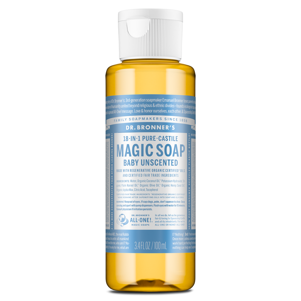 A bottle of Dr. Bronners 18 in 1 Pure Castile Magic Soap, Baby Unscented, with regenerative organic certification. Text includes usage instructions and a 3.4 fl. oz. capacity indication [3.4 oz]