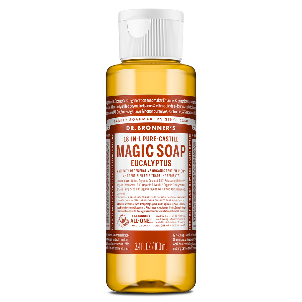 Dr. Bronners eucalyptus 18 in 1 pure castile soap in a 3.4 fl oz bottle features a white cap and a text filled brown label detailing its organic certification and multi use capabilities [3.4 oz]