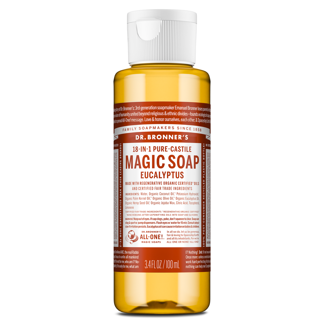 Dr. Bronners eucalyptus 18 in 1 pure castile soap in a 3.4 fl oz bottle features a white cap and a text filled brown label detailing its organic certification and multi use capabilities [3.4 oz]