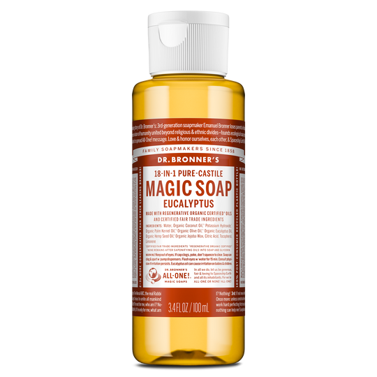 Dr. Bronners eucalyptus 18 in 1 pure castile soap in a 3.4 fl oz bottle features a white cap and a text filled brown label detailing its organic certification and multi use capabilities [3.4 oz]