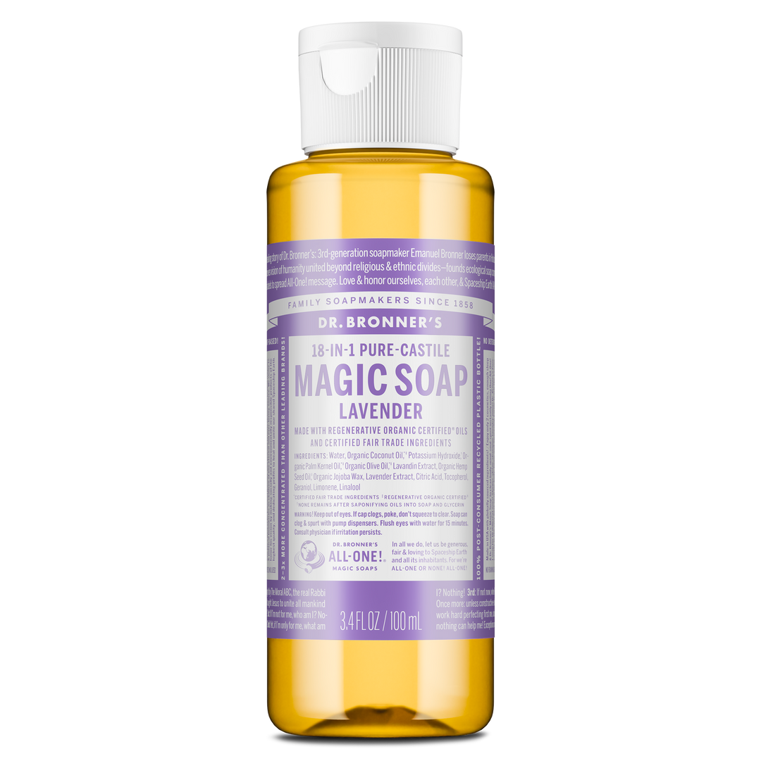 A bottle of Dr. Bronners Lavender Pure Castile Liquid Soap stands upright, featuring a lavender label with white text detailing ingredients and usage. Suitable for eco friendly, multi purpose cleaning needs [3.4 oz]