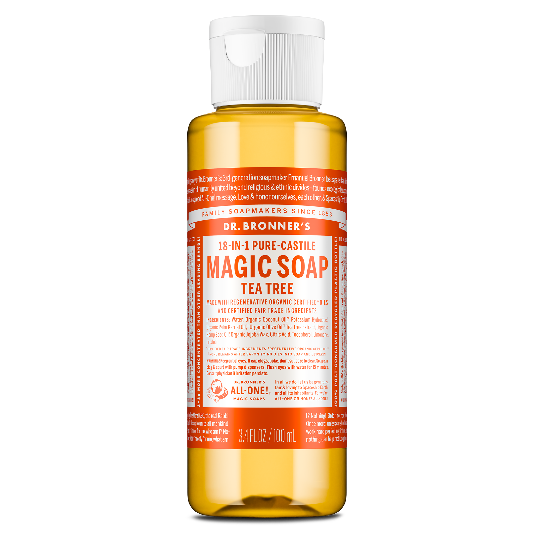 A compact 3.4 fl oz bottle of Dr. Bronners 18 in 1 Pure Castile Magic Soap features a white cap and vibrant orange label, highlighting Tea Tree scent with details about its organic certification [3.4 oz]