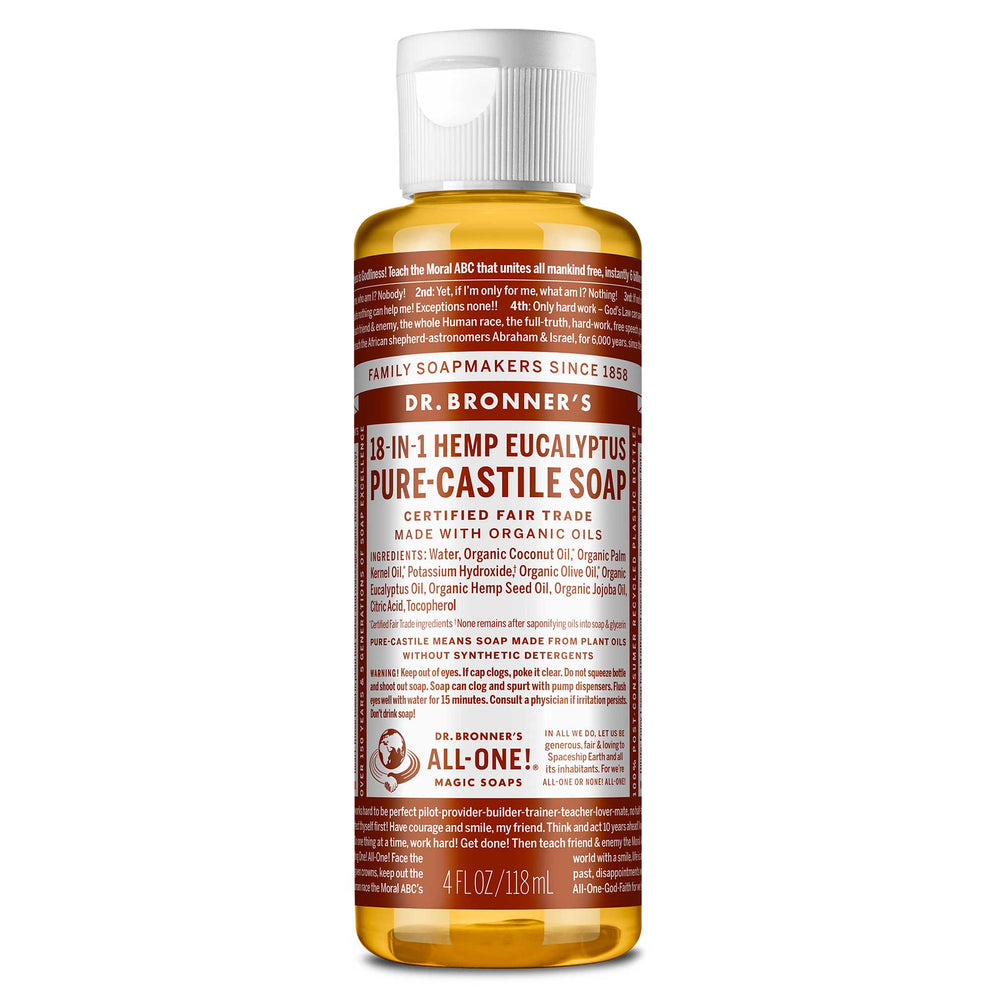 A brown labeled bottle of Dr. Bronners liquid castile soap stands upright, featuring white text detailing its organic and fair trade ingredients. The setting suggests personal care or cleaning purposes [4 oz]