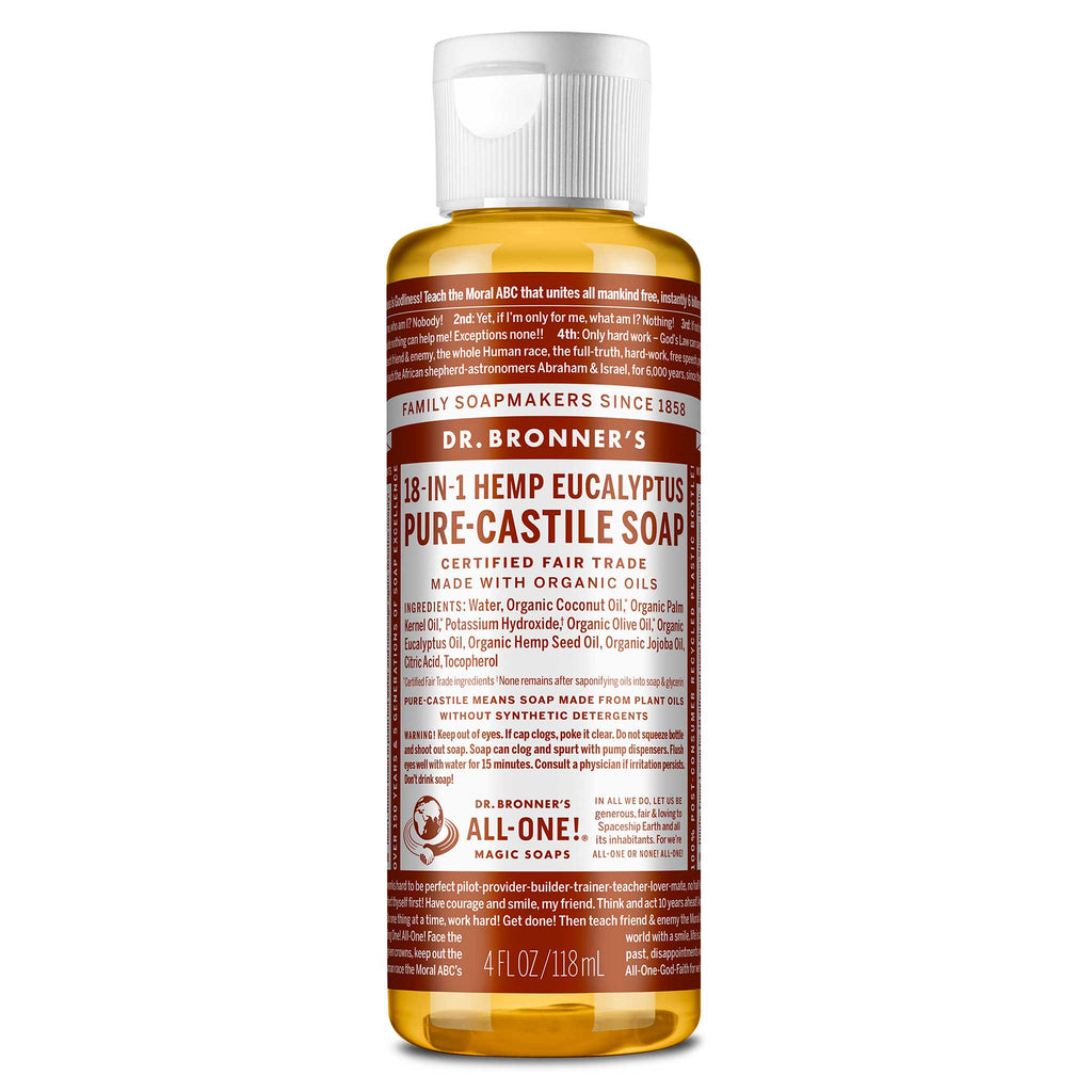 A brown labeled bottle of Dr. Bronners liquid castile soap stands upright, featuring white text detailing its organic and fair trade ingredients. The setting suggests personal care or cleaning purposes [4 oz]