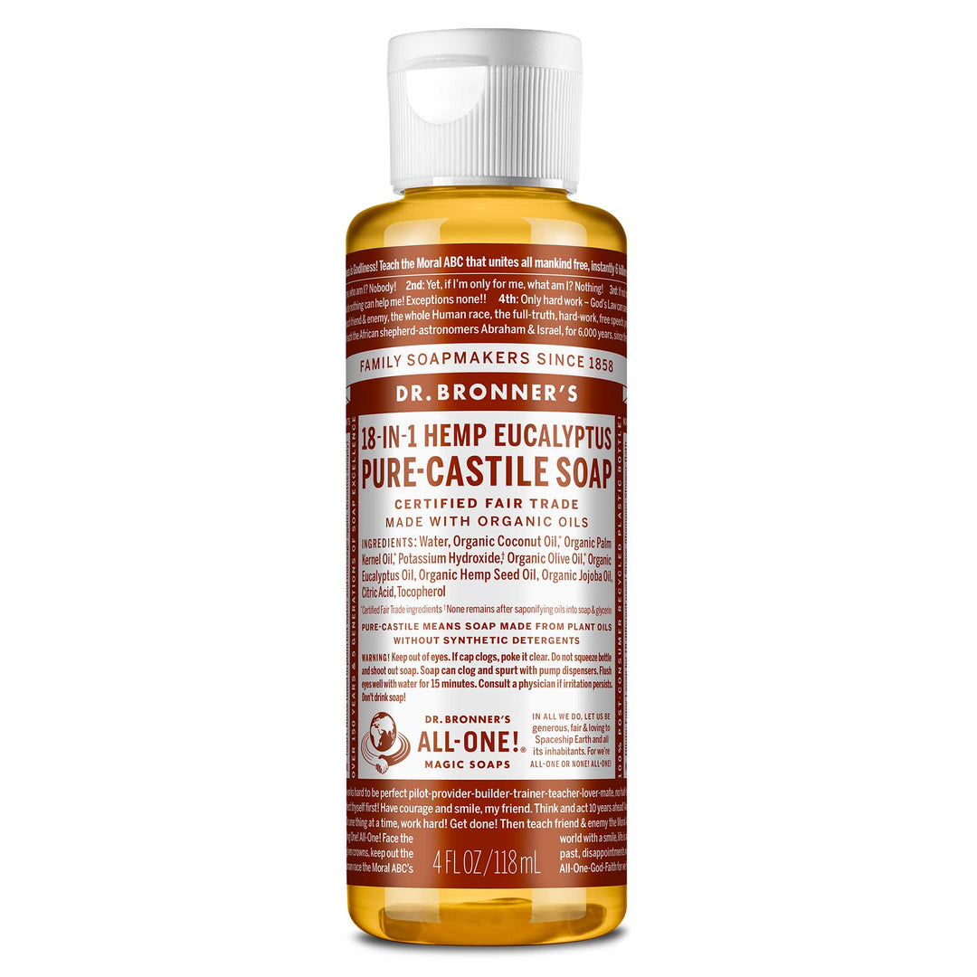 A brown labeled bottle of Dr. Bronners liquid castile soap stands upright, featuring white text detailing its organic and fair trade ingredients. The setting suggests personal care or cleaning purposes [4 oz]
