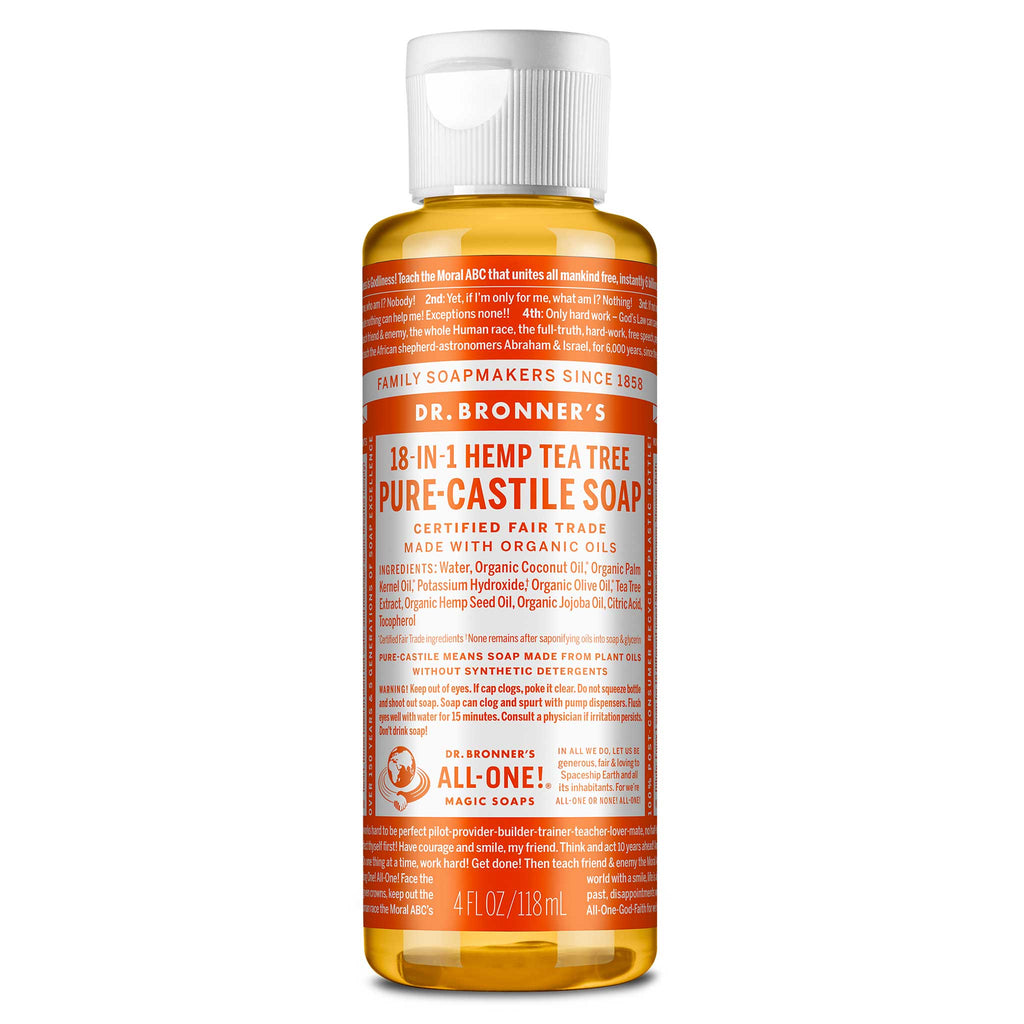 Dr. Bronners 18 in 1 Hemp Tea Tree Pure Castile Soap bottle features orange labeling with text detailing organic ingredients like coconut and olive oils, and the products fair trade certification. Capacity 4 fl oz [4 oz]