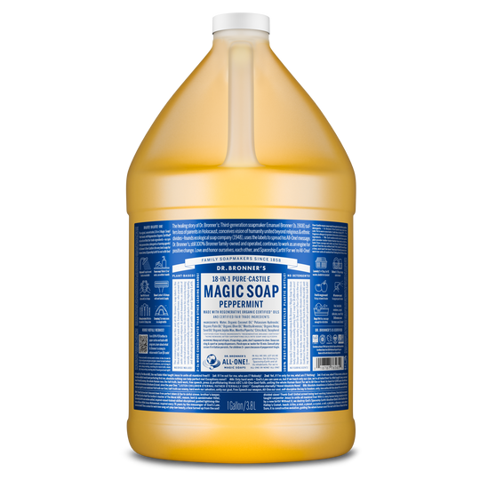 A half gallon bottle labeled Dr. Bronners 18 in 1 Pure Castile Magic Soap Peppermint displayed against a plain background, highlighting its diverse uses and organic ingredients. Text includes product details and usage instructions  [64 oz, 1/2 Gallon]