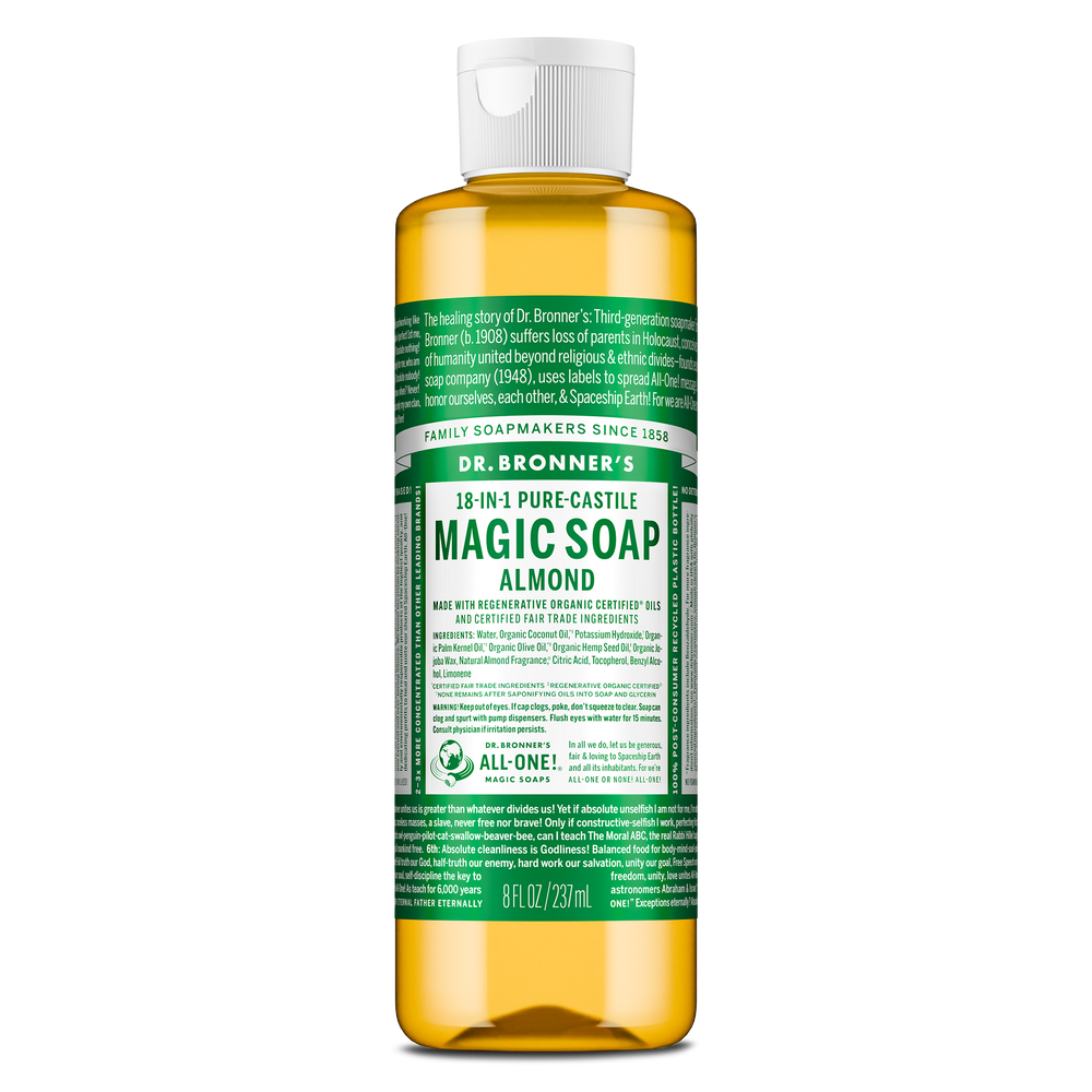 A bottle of Dr. Bronners 18 in 1 Pure Castile Magic Soap in almond scent, featuring a green label with detailed text and organic certification, against a plain background [8 oz]