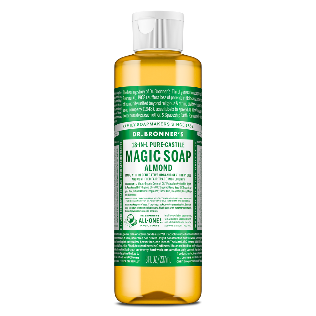 A bottle of Dr. Bronners 18 in 1 Pure Castile Magic Soap in almond scent, featuring a green label with detailed text and organic certification, against a plain background [8 oz]