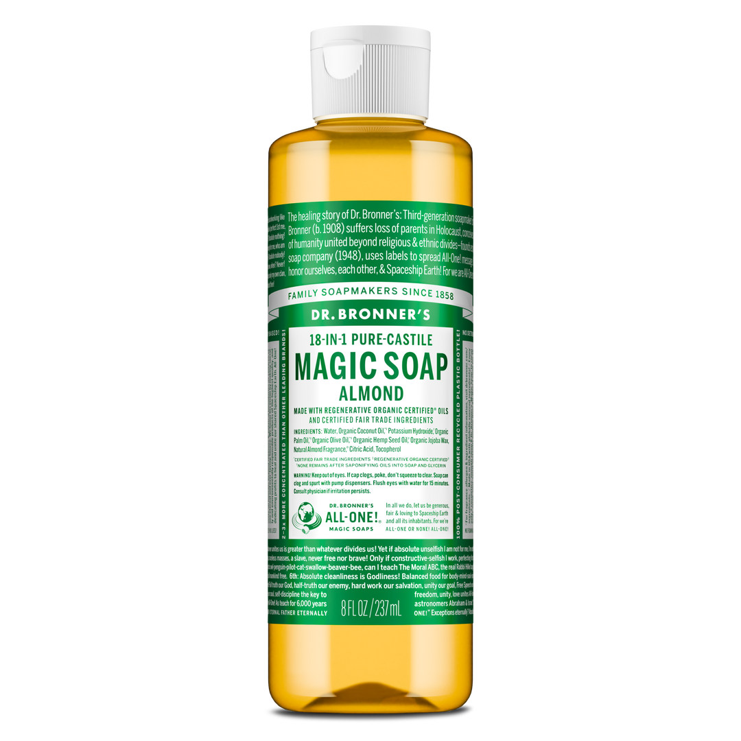 A bottle of Dr. Bronners 18 in 1 Pure Castile Magic Soap in almond scent, featuring a green label with detailed text and organic certification, against a plain background [8 oz]