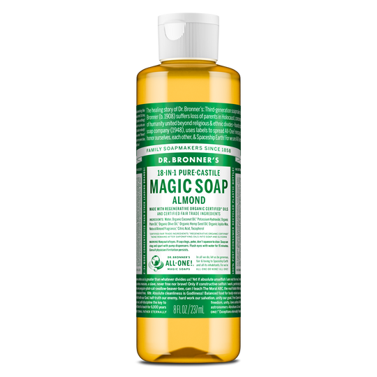 A bottle of Dr. Bronners 18 in 1 Pure Castile Magic Soap in almond scent, featuring a green label with detailed text and organic certification, against a plain background [8 oz]