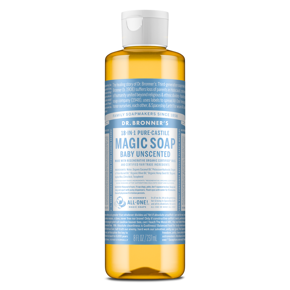 A bottle of Dr. Bronners Magic Soap labeled as Baby Unscented Pure Castile Soap features a blue wrapper with white text detailing its organic, fair trade formula. The bottle is set against a plain background [8 oz]