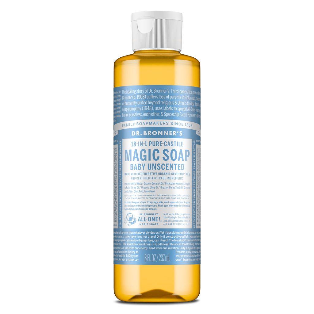 A bottle of Dr. Bronners Magic Soap labeled as Baby Unscented Pure Castile Soap features a blue wrapper with white text detailing its organic, fair trade formula. The bottle is set against a plain background [8 oz]