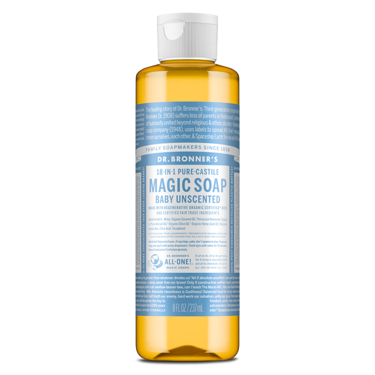 A bottle of Dr. Bronners Magic Soap labeled as Baby Unscented Pure Castile Soap features a blue wrapper with white text detailing its organic, fair trade formula. The bottle is set against a plain background [8 oz]