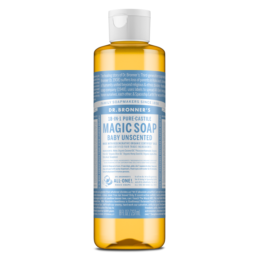 A bottle of Dr. Bronners Magic Soap labeled as Baby Unscented Pure Castile Soap features a blue wrapper with white text detailing its organic, fair trade formula. The bottle is set against a plain background [8 oz]
