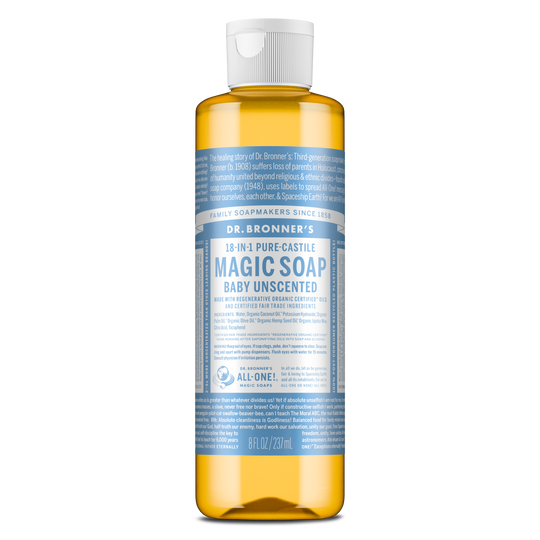 A bottle of Dr. Bronners Magic Soap labeled as Baby Unscented Pure Castile Soap features a blue wrapper with white text detailing its organic, fair trade formula. The bottle is set against a plain background [8 oz]