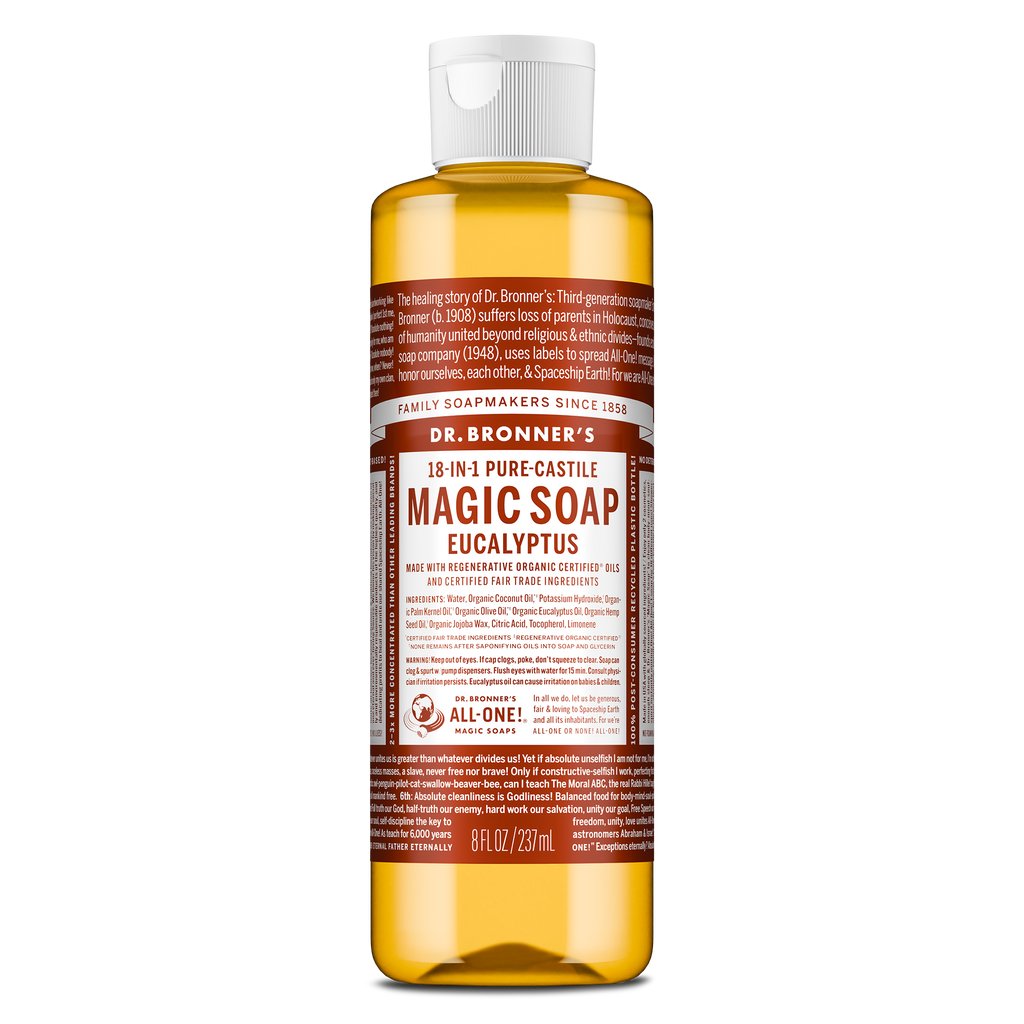 A bottle of Dr. Bronners 18 in 1 Pure Castile Magic Soap in eucalyptus scent stands upright. Its brown and white label details its uses and organic certification. Capacity 8 fl oz237 ml [8 oz]