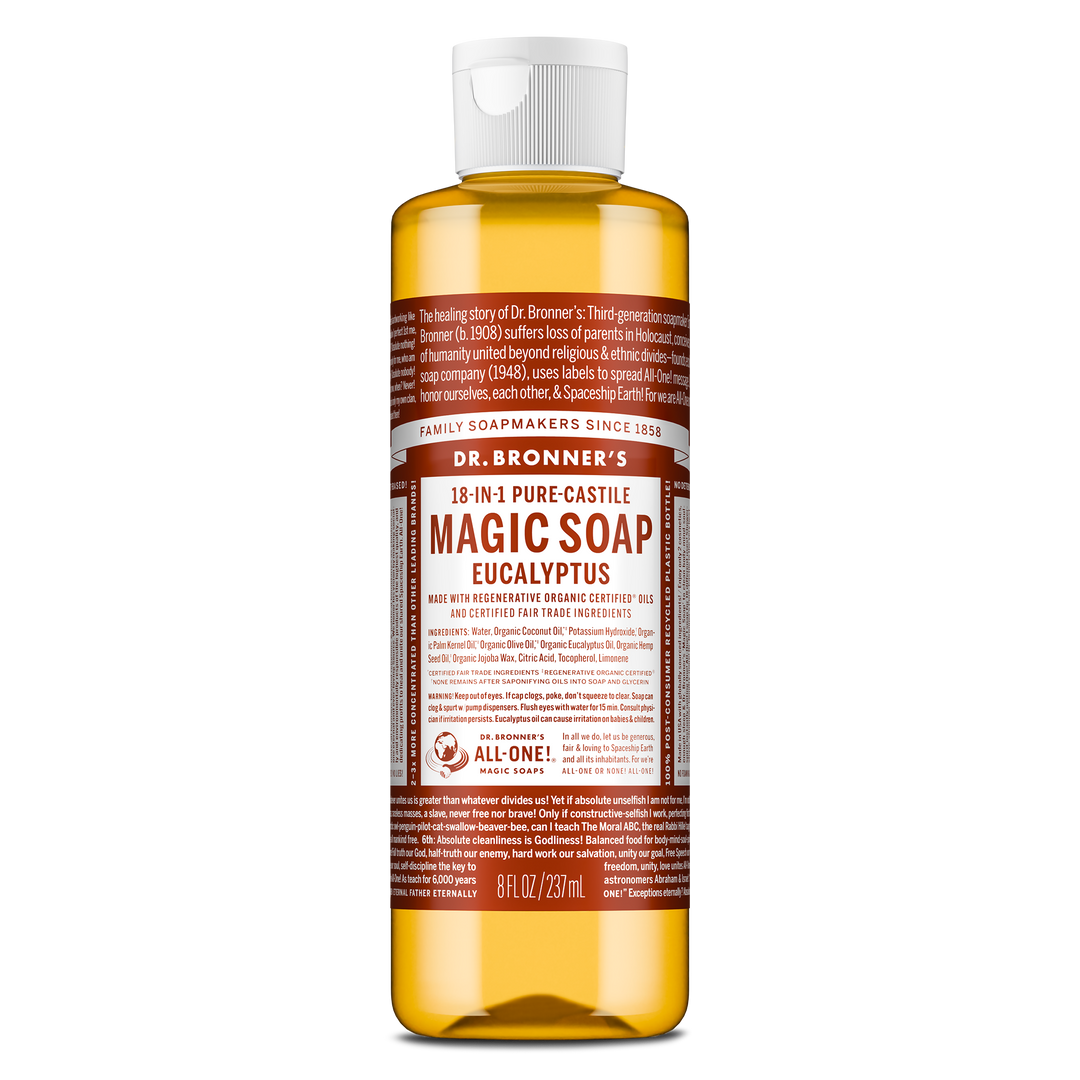A bottle of Dr. Bronners 18 in 1 Pure Castile Magic Soap in eucalyptus scent stands upright. Its brown and white label details its uses and organic certification. Capacity 8 fl oz237 ml [8 oz]