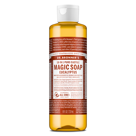 A bottle of Dr. Bronners 18 in 1 Pure Castile Magic Soap in eucalyptus scent stands upright. Its brown and white label details its uses and organic certification. Capacity 8 fl oz237 ml [8 oz]